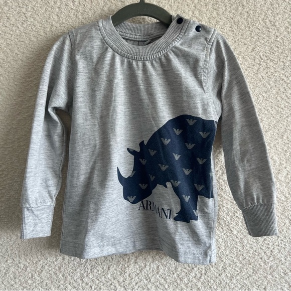 Armani Kids Long Sleeve Gray Rhino Pullover‎ Shirt Logos Size 2T